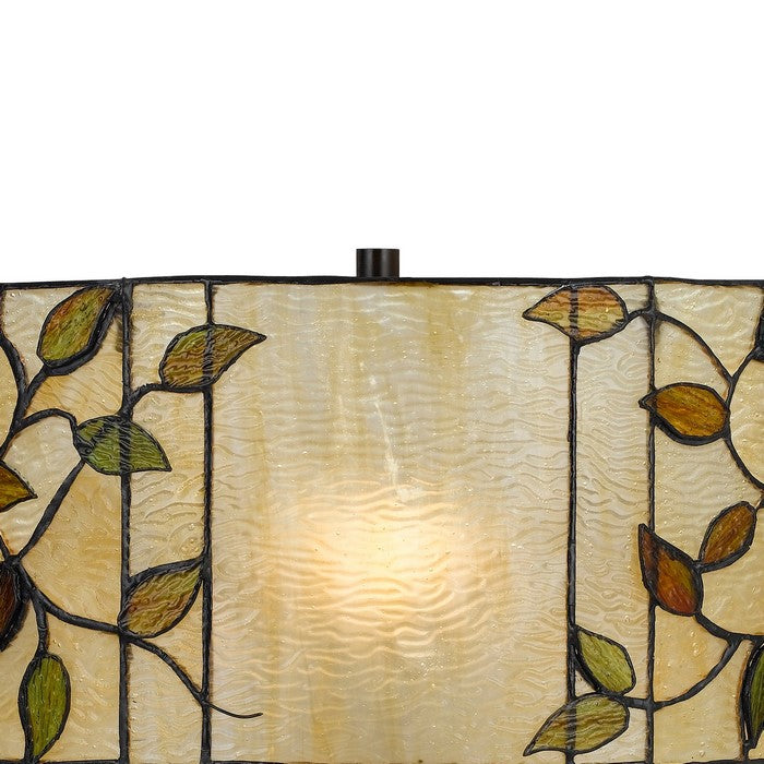 2 Bulb Tiffany Table Lamp with Round Leaf Design Glass Shade, Multicolor