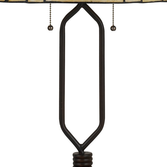 2 Bulb Tiffany Table Lamp with Round Leaf Design Glass Shade, Multicolor