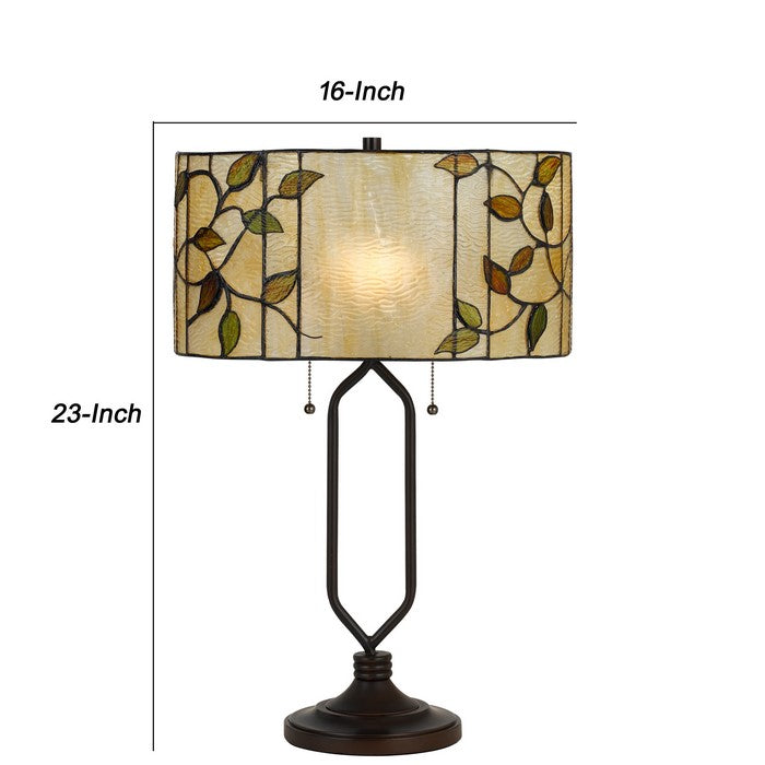 2 Bulb Tiffany Table Lamp with Round Leaf Design Glass Shade, Multicolor