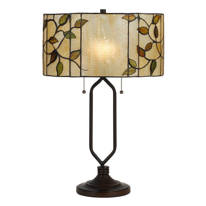 2 Bulb Tiffany Table Lamp with Round Leaf Design Glass Shade, Multicolor