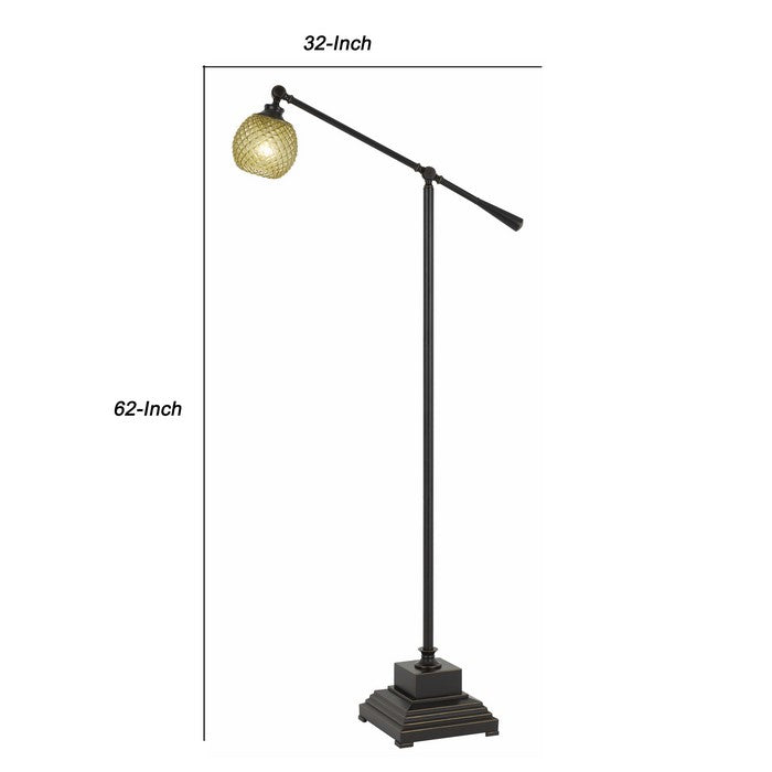Metal Body Floor Lamp with Adjustable Arm and Textured Glass Shade, Black