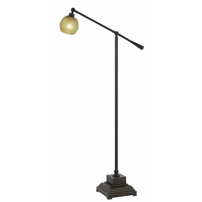 Metal Body Floor Lamp with Adjustable Arm and Textured Glass Shade, Black