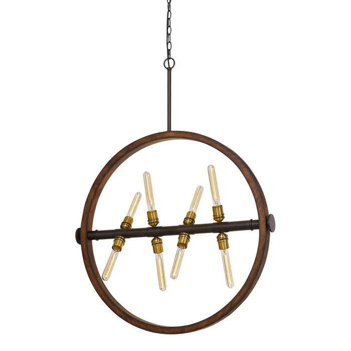 Round Wood Frame Chandelier with Metal Rod and Glass Shade,Bronze and Brown