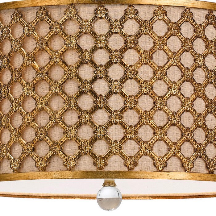 Fabric and Metal Pendant with Geometric and Embossed Floral Design, Gold