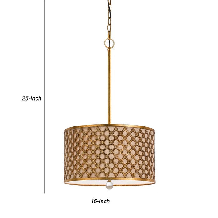 Fabric and Metal Pendant with Geometric and Embossed Floral Design, Gold