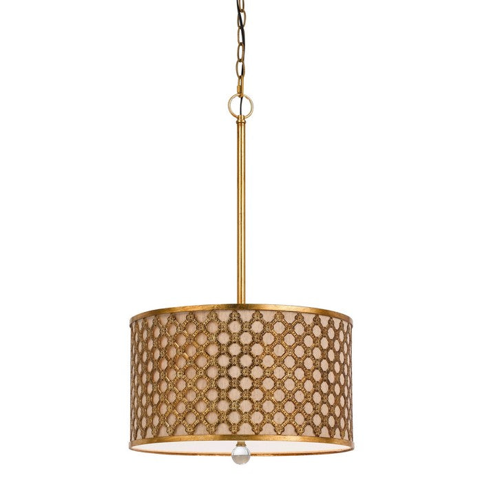Fabric and Metal Pendant with Geometric and Embossed Floral Design, Gold