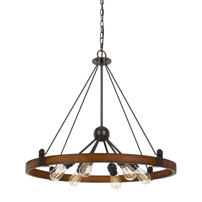 Circular Wooden Frame Chandelier with 6 Bulbs, Dark Bronze and Brown