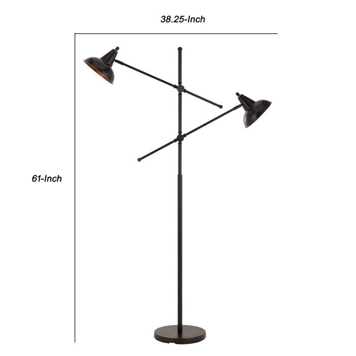 Metal Body Floor Lamp with 2 Adjustable Arms and Metal Shades, Black