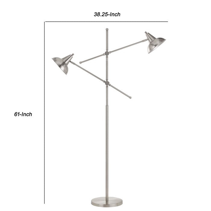 Tubular Metal Body Floor Lamp with 2 Adjustable Arms, Silver