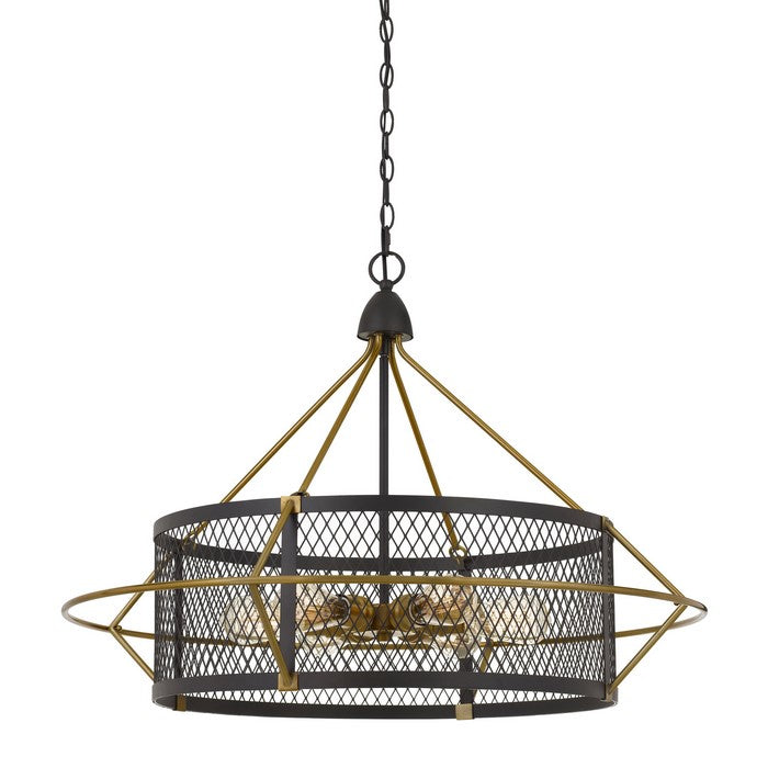 6 Bulb Metal Chandelier with Round Mesh Frame, Black and Gold
