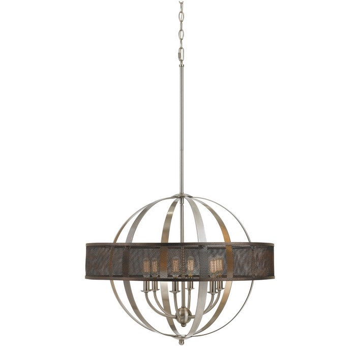 6 Bulb Round Metal Chandelier with Mesh Design, Chrome and Gray