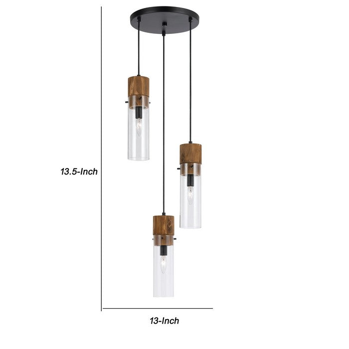 3 Bulb Wind Chime Design Pendant with Cylindrical Glass Shade, Black