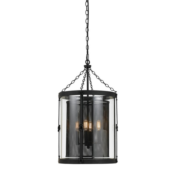 4 Light Metal Frame Glass Encased Chandelier with Mesh Shade, Black