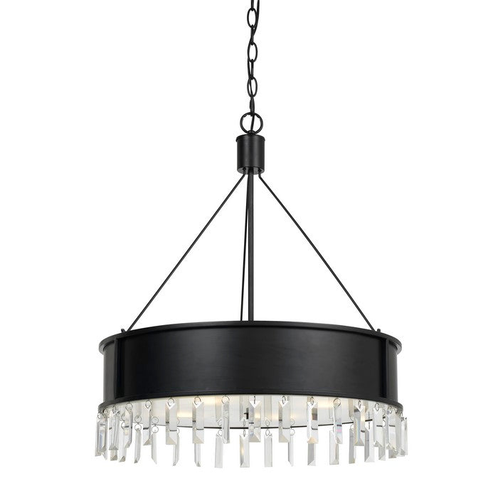 4 Bulb Round Metal Body Chandelier with Hanging Crystal Accents, Black