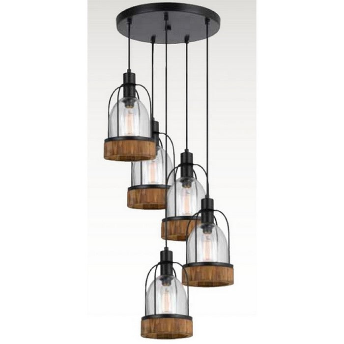 5 Bulb Wind Chime Design Pendant Fixture with Wooden and Glass Shade, Black