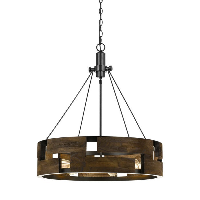6 Bulb Round Wooden Frame Chandelier with Geometric Cut Our Design, Brown