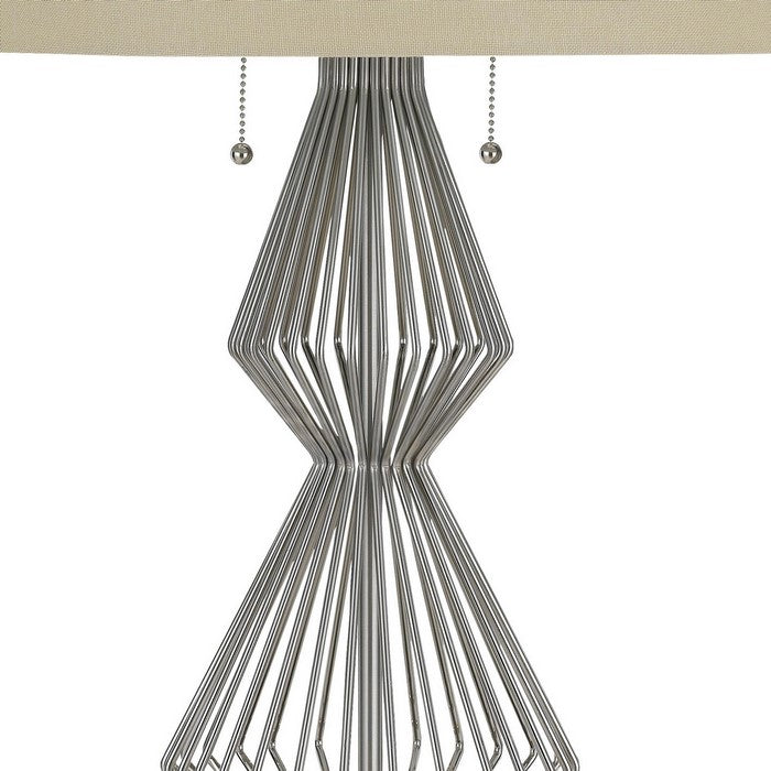 Geometric Body Metal Table Lamp with Fabric Drum Shade, Silver and Beige