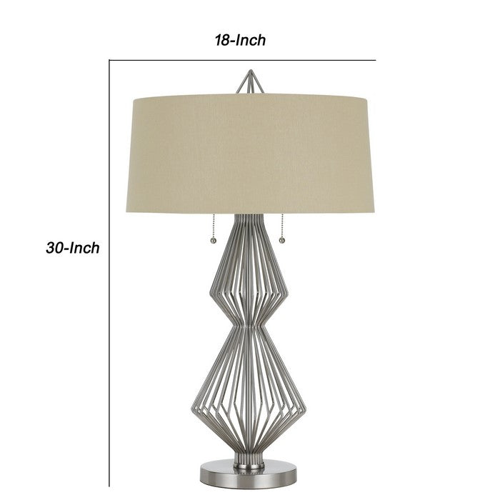 Geometric Body Metal Table Lamp with Fabric Drum Shade, Silver and Beige