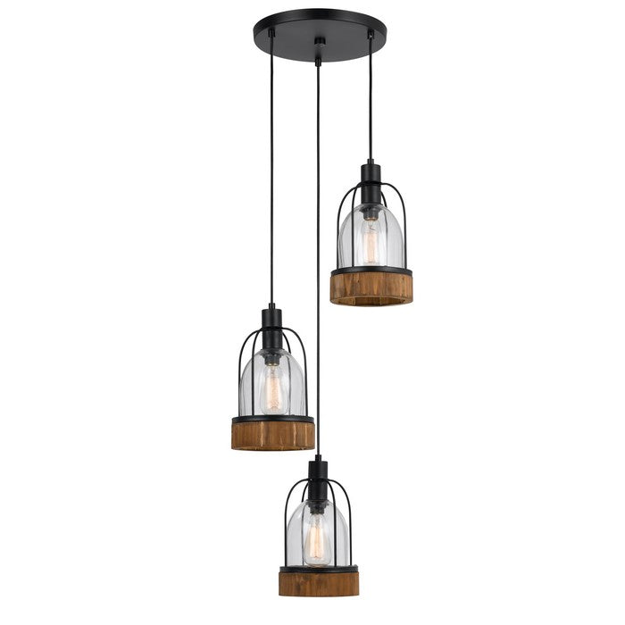 60 X 3 Watt Metal and Wood Pendant with Glass Encasing, Brown and Black