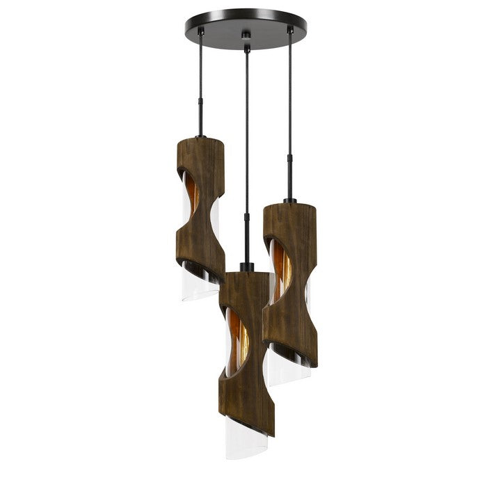 60 X 3 Watt Wood and Metal Chandelier with Glass Shade, Brown and Black