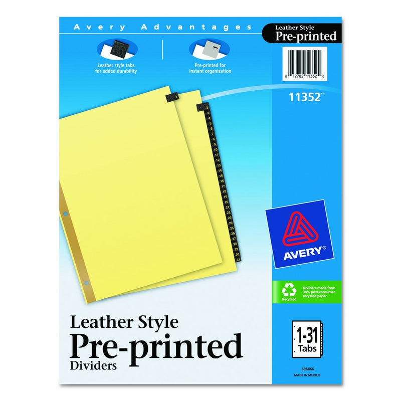 Avery Gold Reinforced Leather Tab Dividers, 31-Tab, 1-31, Letter Size, Black, 31 per Set (11352)