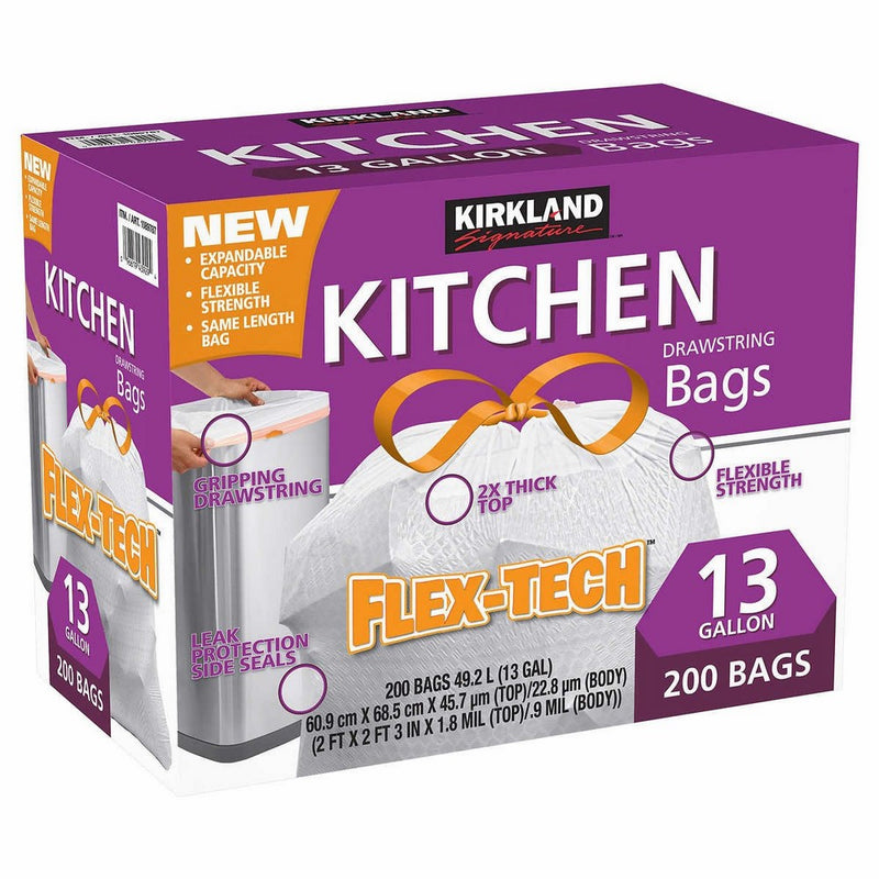 Kirkland Signature Drawstring Kitchen Trash Bags - 13 Gallon - 200 Count