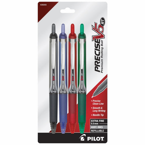 Pilot Precise V5 RT Retractable Rolling Ball Pens, Extra Fine Point, 4-Pack, Black/Blue/Red/Green Inks (26055)