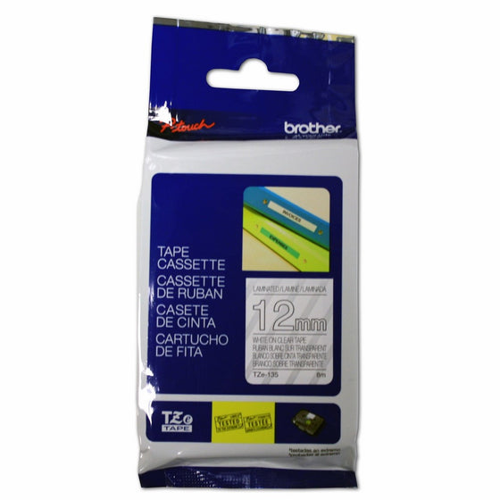 Brother Laminated Tape, Retail Packaging, 1/2 Inch, White, on Clear (TZe135) - Retail Packaging