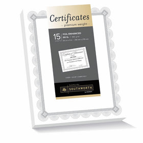 Southworth Foil Enhanced Premium Certificate, 8.5” x 11”, 65 lb, White, Silver Spiro Design, 15 Sheets (CTP2W)