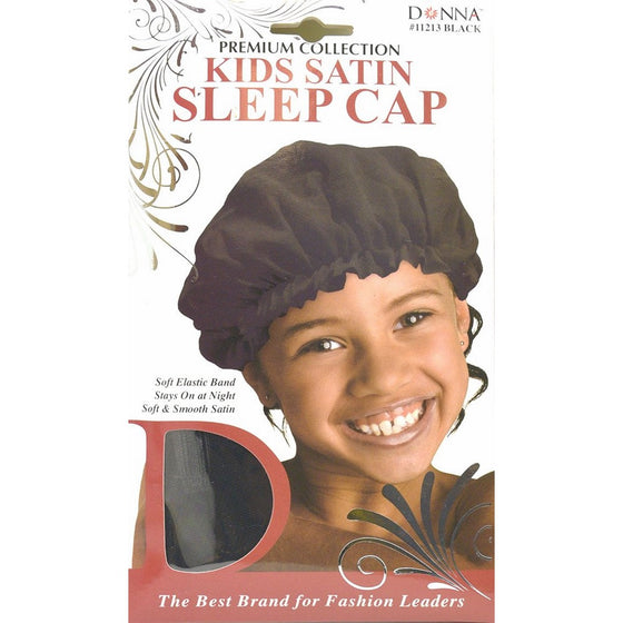 Donna Premium Collection Kids Satin Sleep Cap #11213 Black, Soft elastic band, stays on during the night, keeps hair in place, soft satin, smooth satin by Donna Collection