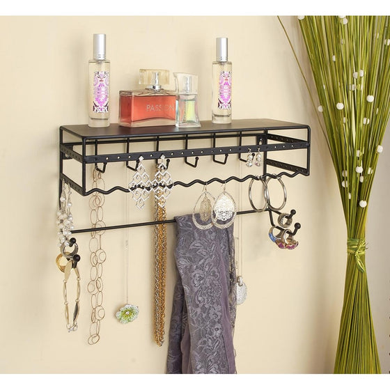 Black 13.5" Wall Mount Jewelry & Accessory Storage Rack Organizer Shelf for Earrings, Bracelets, Necklaces, & Hair Accessories