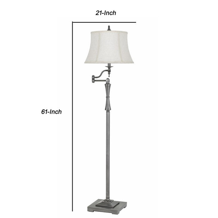 Metal Floor Lamp with Swing Arm and Tubular Stand, White and Antique Silver
