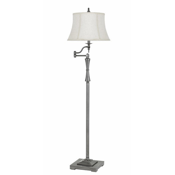 Metal Floor Lamp with Swing Arm and Tubular Stand, White and Antique Silver