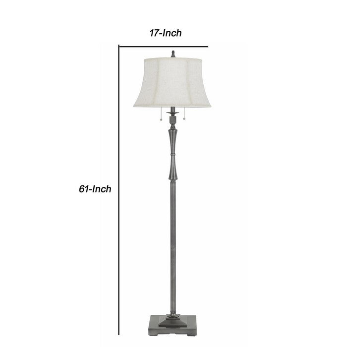 Tubular Metal Body Floor Lamp with Fabric Bell Shade, White and Silver