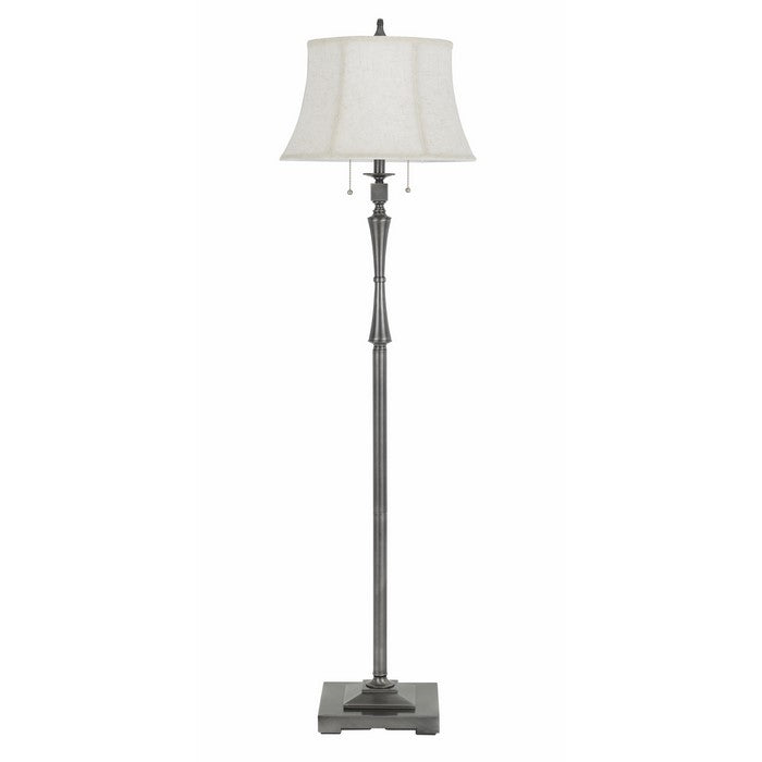 Tubular Metal Body Floor Lamp with Fabric Bell Shade, White and Silver
