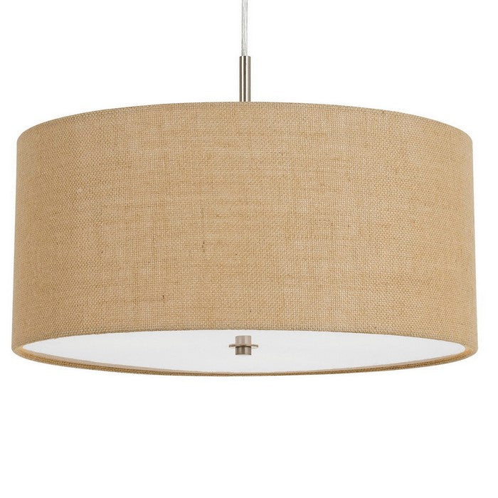 Metal Pendant Lighting with Fabric Circular Drum Shade and Cord, Beige