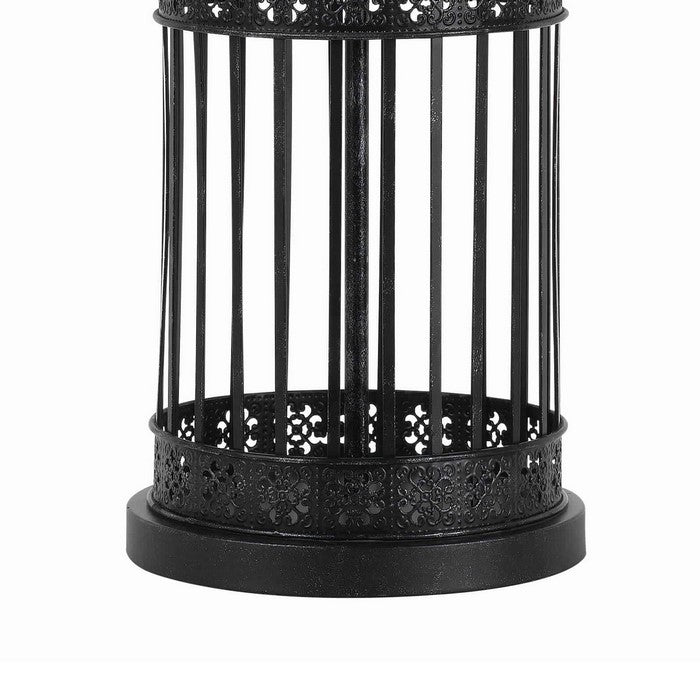 Fabric Drum Shade Table Lamp with Bird Cage Design Base, Black and White