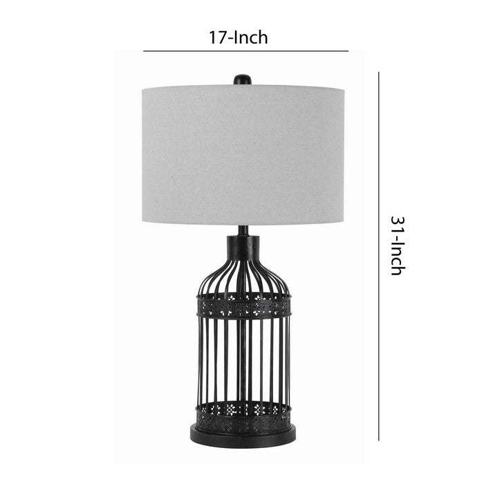Fabric Drum Shade Table Lamp with Bird Cage Design Base, Black and White