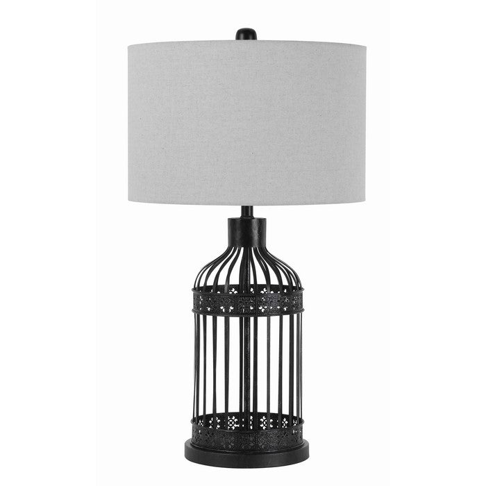 Fabric Drum Shade Table Lamp with Bird Cage Design Base, Black and White