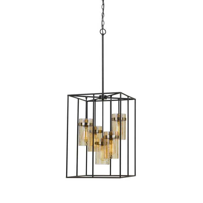 Rectangular Cage Design Metal Pendant Fixture with Glass Shade, Black