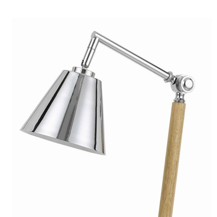 Adjustable Head Desk Lamp with Wooden Stalk Support, Brown and Silver