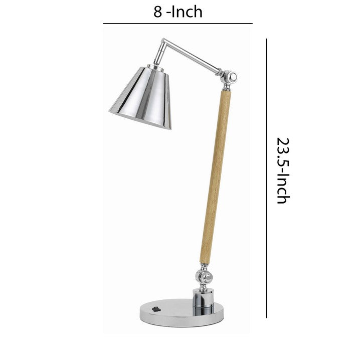 Adjustable Head Desk Lamp with Wooden Stalk Support, Brown and Silver