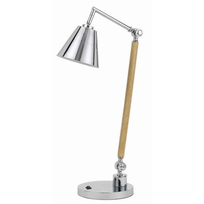 Adjustable Head Desk Lamp with Wooden Stalk Support, Brown and Silver