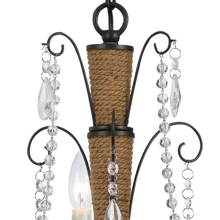 Scroll Metal Frame Chandelier with Hanging Crystals and Wrapped Rope,Bronze