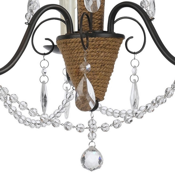 Scroll Metal Frame Chandelier with Hanging Crystals and Wrapped Rope,Bronze
