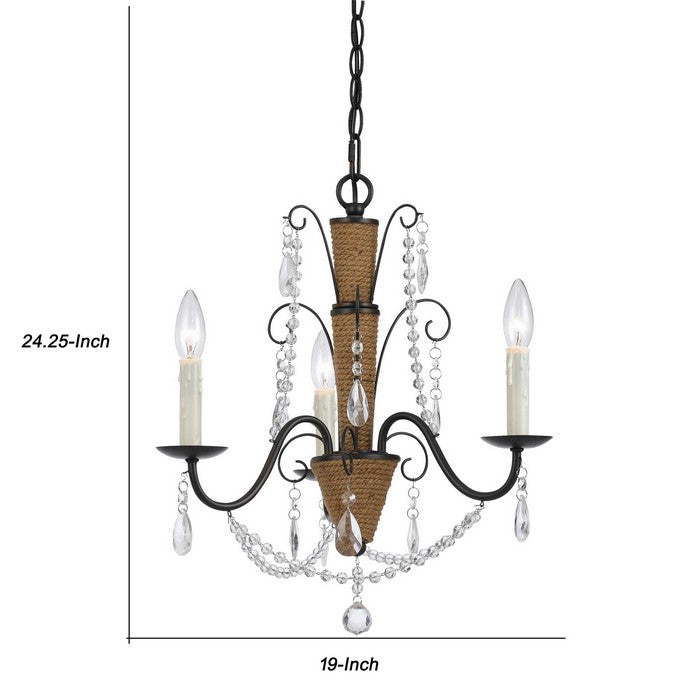 Scroll Metal Frame Chandelier with Hanging Crystals and Wrapped Rope,Bronze