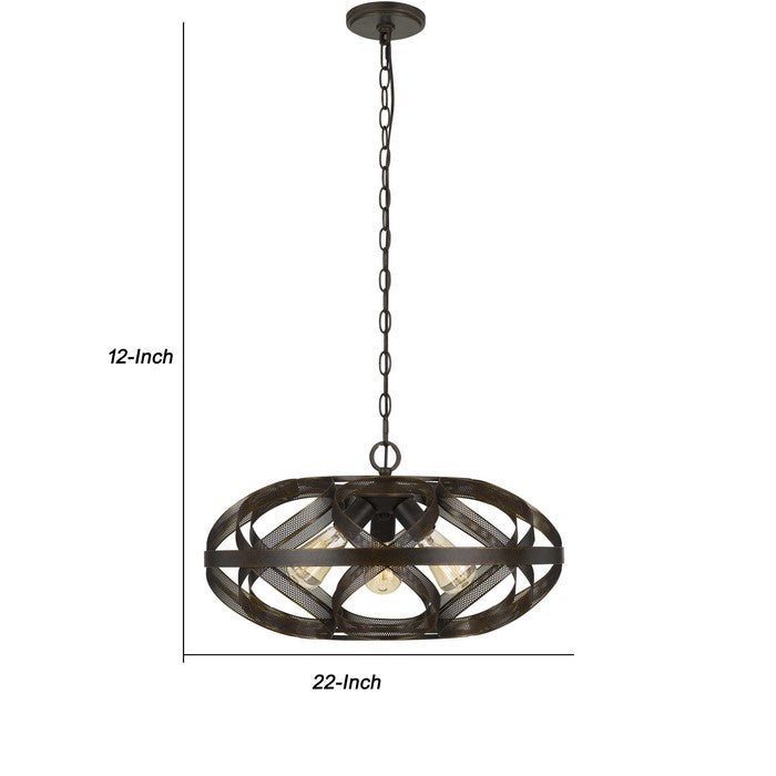Round Metal Mesh Design Pendant Fixture with Chain, Dark Bronze