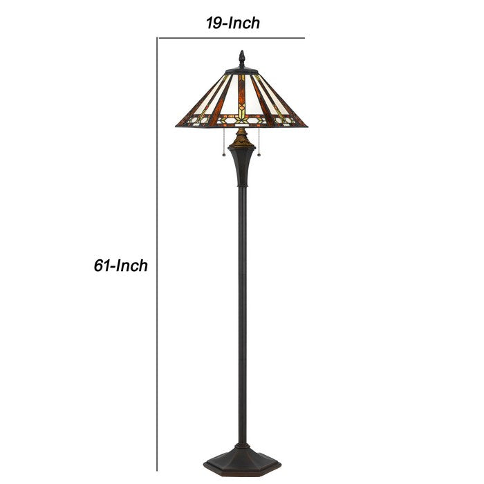 Flared Glass Shade Floor Lamp with Pattern and Stalk Support, Multicolor
