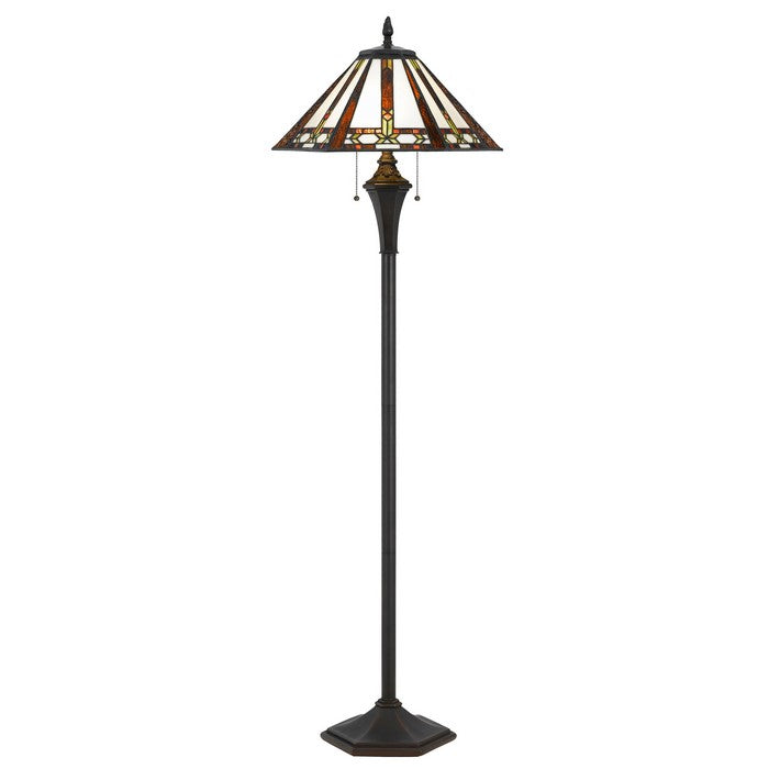 Flared Glass Shade Floor Lamp with Pattern and Stalk Support, Multicolor
