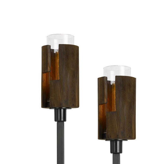 Sculpted Stalk Support Floor Lamp with 2 Wooden Frame Shade, Black
